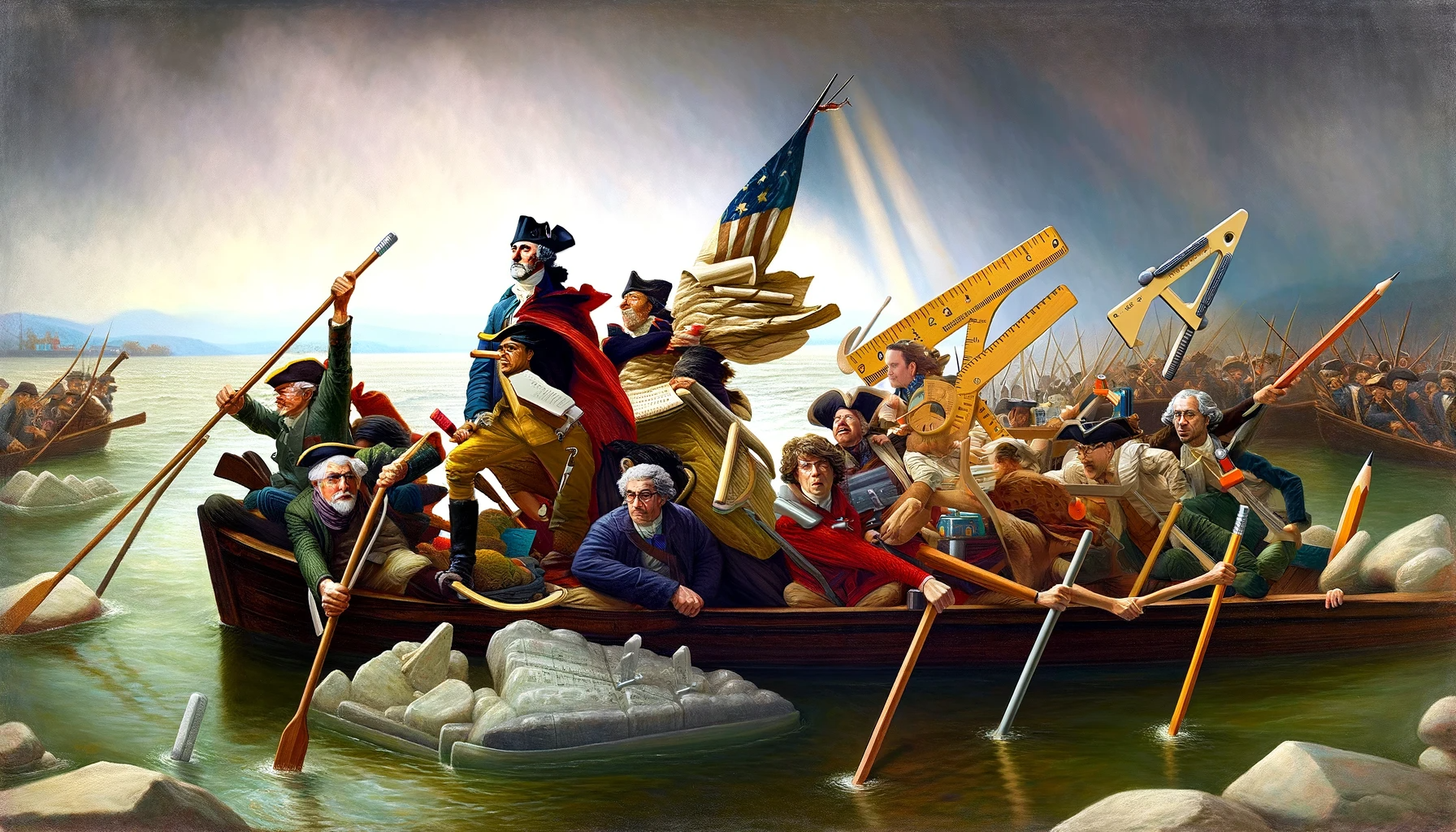 A reimagining of Washington Crossing the Delaware painting, featuring teachers humorously armed with oversized school supplies.