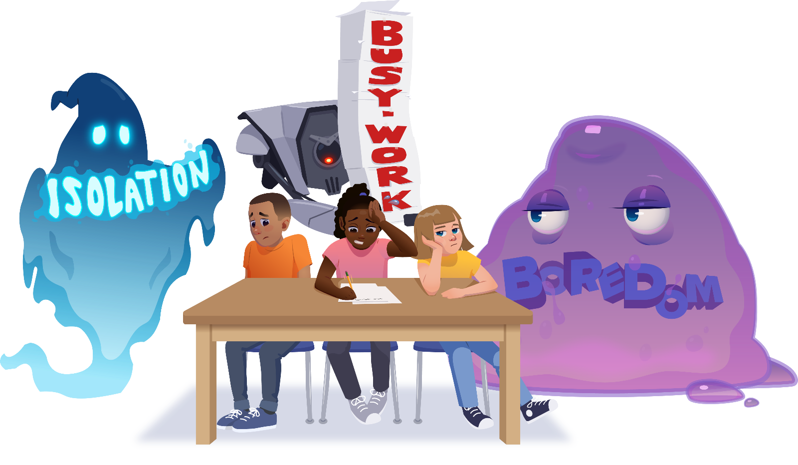 Animated image of students at a desk with monsters looming behind them showing the dangers of isolation, busy work, and boredom.